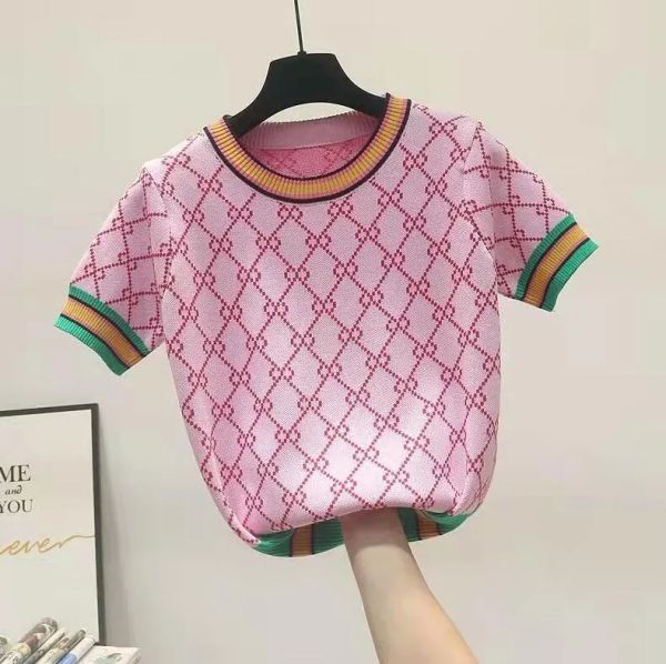

Knit Sweater T Shirt Designer Women' Tops Colorful Jacquard Women' Sweater High Quality New Short Sleeve, Pink