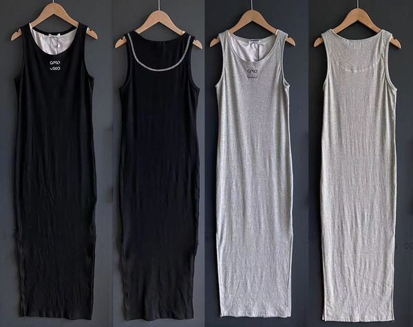 

Designer womens casual dresses embroidery long skirts Sleeveless maxi dress with side slit slim fit vest long skirt tank top, Gray