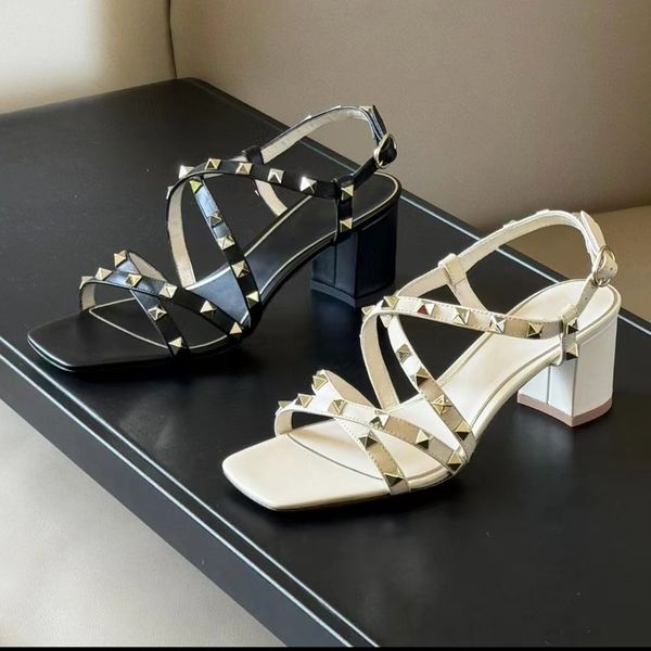 

Calfskin sash sandals 6cm studs with thick heel ankle strap Dress shoes for women Slingback high-heeled shoes Luxury Designer party Evening shoes factory footwear, Black