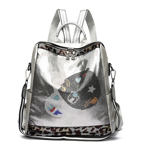 

Factory sales ladies shoulder bag 4 colors street personality totem casual backpack punk wind diamond handbag simple Joker cartoon fashion student backpack 8231#, Silver