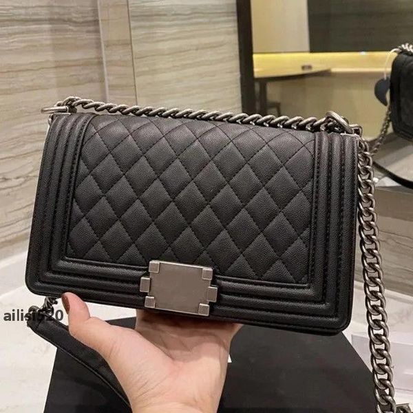

A 7A Wholesale Designer Women Classic Mini Fashion Bags Quilted Chain Flap Diamond Calfskin Caviar Genuine Leather Shoulder Bags Crossbody B, 25cm black silver