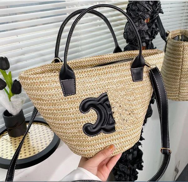 

Designer Summer Women's Fashion Woven Vegetable Basket Bag Arc De Beach Straw Bucket Bag Luxury Fashion Handbag Shoulder, Black