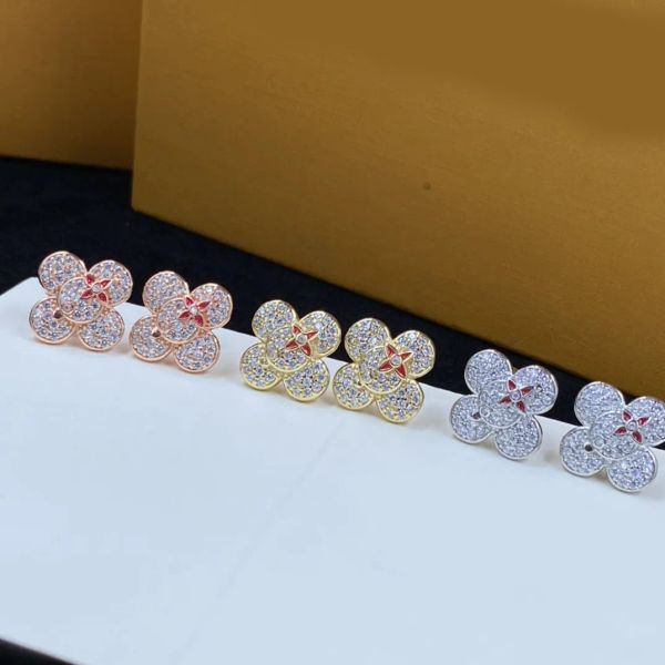 

Women Girl Elegant 18K Gold Plated Ear Stud Earrings Four-leaf clover Flower Crystal Diamond Luxury Brand Designer Wedding Party Jewerlry Accessories High Quality