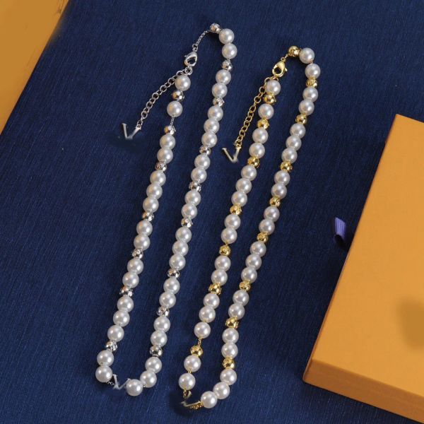 

Vintage Women Girl Elegant Crystal Pearl Beads Chokers Chain Necklace Luxury Brand Designer Gold Silver Plated Stainless Steel Pendant Fashion Jewerlry Gifts
