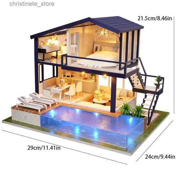 

House Architecture/DIY Blue Apartment Villa Doll House Mini DIY Kit for Making Room Toys Home Bedroom Decoration with Furniture Wooden Crafts 3D Puzz