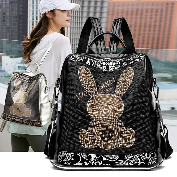

Fashionable womens shoulder bag 4 colors street personality totem casual backpack punk wind diamond handbag simple Joker cartoon fashion student backpack, Ivory