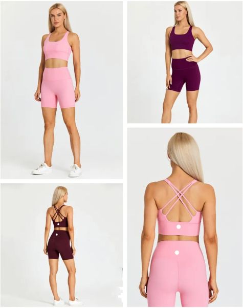 

LU LL Women Fitness Yoga Outfit Sets Fitness Bra Cross Back Strap Tops with Chest Pad Sports Running Shorts Ladiea Fashion Set Momens Bras Short, Color 4