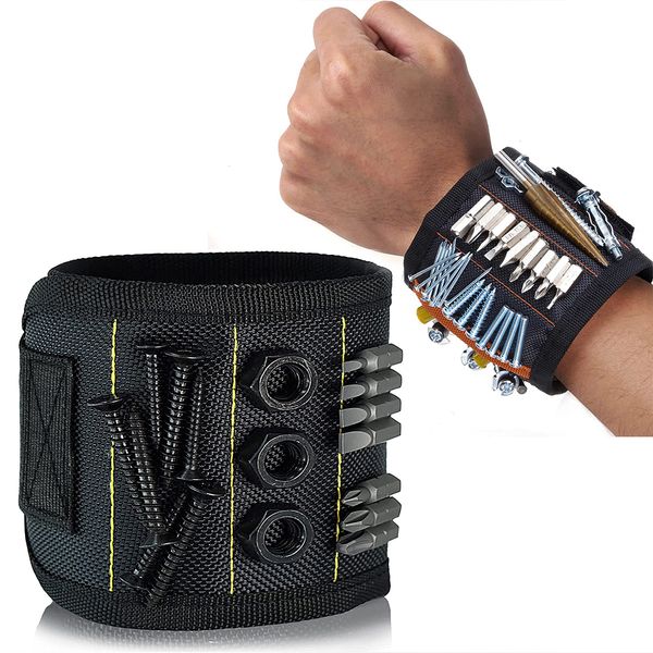 

Mens Wristband Tools Holder Pouch Bag Belts with Strong Magnets Magnetic for Holding Screws,Nails,Drilling Bits, Black