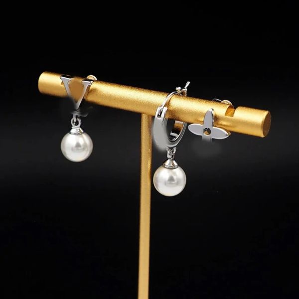 

Women Girl Elegant Luxury Flower Pearl Crystal Ear Stud Earrings Brand Designer Gold Silver Stainless Steel Ear Drop Fashion Jewerlry High Quality With Box 3PCS/Set