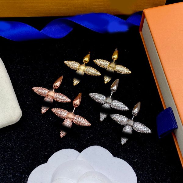 

Luxury Crystal Gold Silver Plated Clover Ear Stud Earring Brand Designer Stainless Steel Fashion Women Jewelry Accessories Gift Wholesale With Box High Quality
