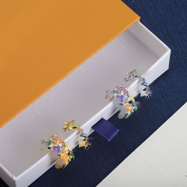 

Elegant Circle Enamel Flower Ear Stud Gold Silver Plated Stainless Steel Hoop Earrings Brand Designer Fashion Women Wedding Party Jewelry With Box High Quality