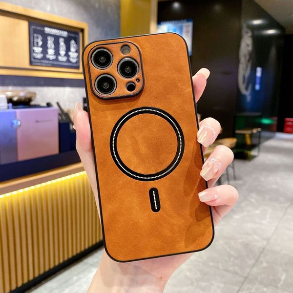 

For Magsafe Wireless Charge Phone Case Protective Cover Matte Leather Shell for iPhone 15 12 11 13 Pro 14 Plus X XS Max XR, Light brown