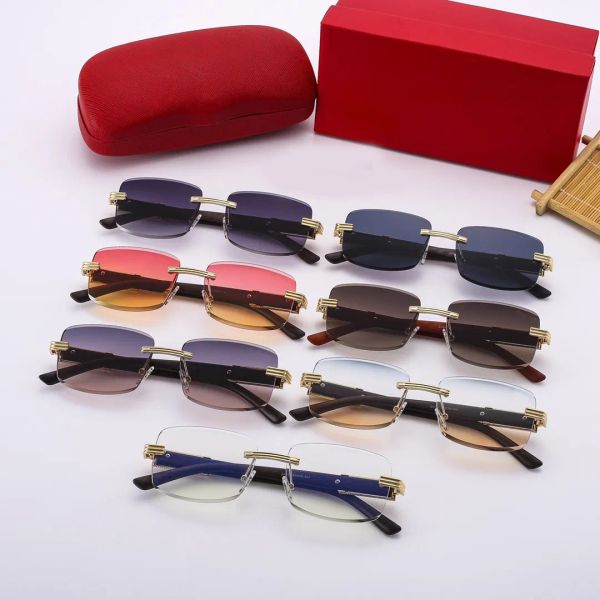 

Classic Luxury Designer Fashion Gold Frame Rectangular Rimless Sunglasses Women Men Designer Leopard Carved Outdoor Beach Goggle Glasses Eyewear Multicolor