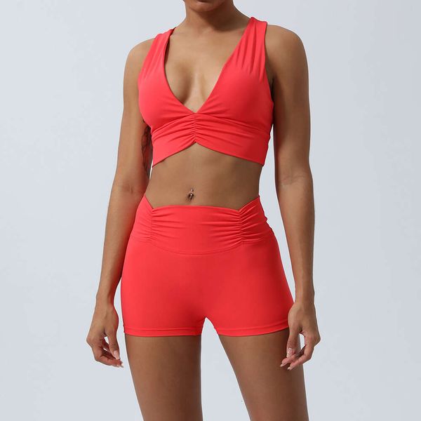 

LU-240 Yoga Set for Spring Summer Beautiful Back Sports Bra Shorts Suits Wrinkled Tripartite Pants Running Fitness Workout Wear, Watermelon red