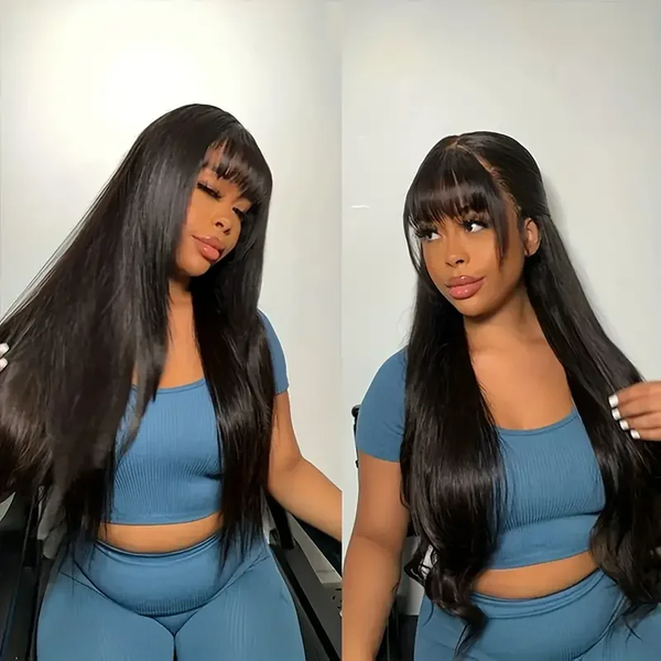 

Straight Wig with Bangs 100% Human Hair Wig Without Glue Brazil Full Machine Made Fringe Remy Hair Glueless Wigs, 24inch