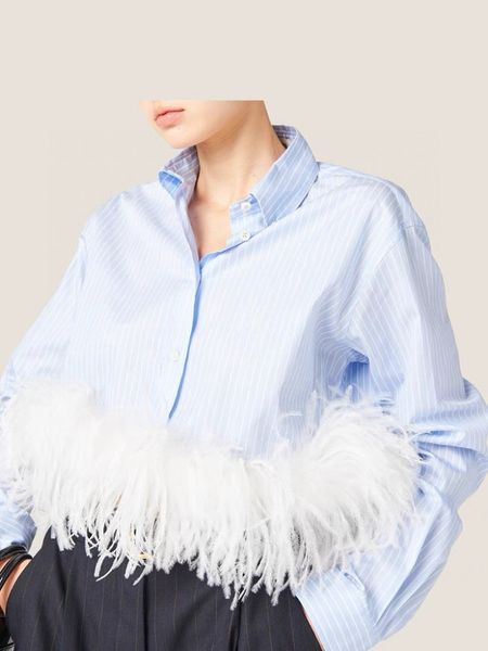 

women cotton jeans shirt lace feather trim striped Polo Shirt pajama silk and cashmere bodysuit cropped sweatshirt +pant/dress feather CARDIGAN jumper pull-over, T2410311mon0224