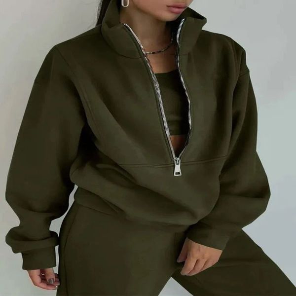 

Women's Activewear Half Zip Fleece Sweatshirt and Pants 2 Piece Jogging Suit Activewear, Khaki