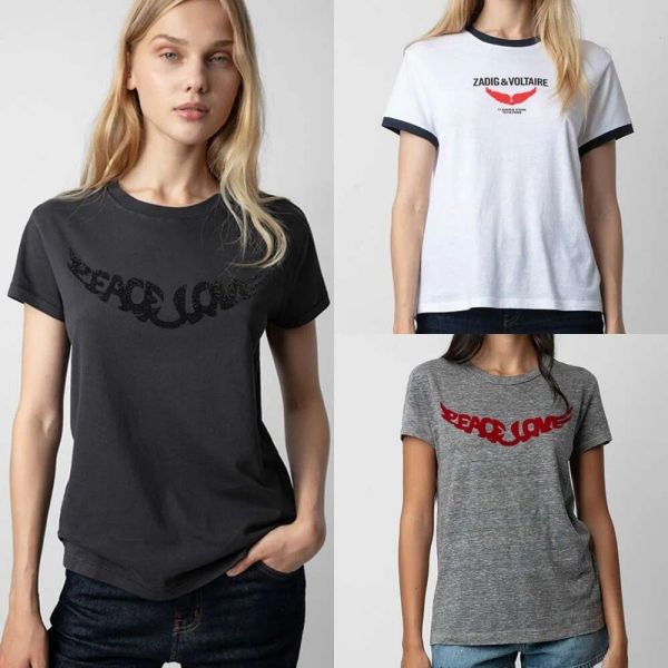

24SS Zadig Voltaire New Niche Designer Pullover T shirt Vintage Print Wings Hot Diamond Wash Water Stir Fry Color Cotton Tee Versatile Women Short Sleeved T-shirt Tops, 17_color