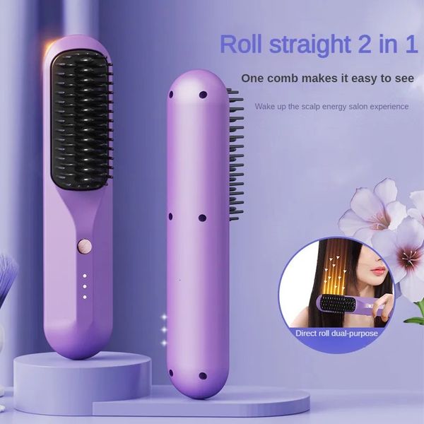 

2 in 1 Wireless Straightener Curler Comb Dryer and Straightening Brush 2600mAh Styg Appliance Hair Crimper 240306, Black