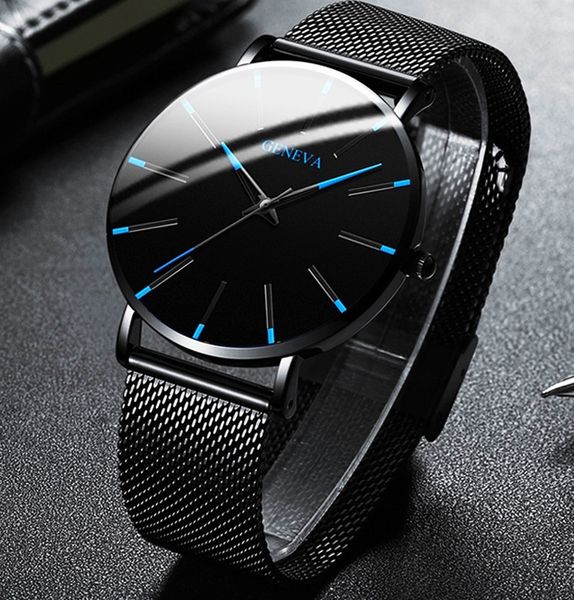 

Minimalist Fashion Ultra Thin Watches Simple Men Business Stainless Steel Mesh Belt Quartz Watch relogio masculino, Black