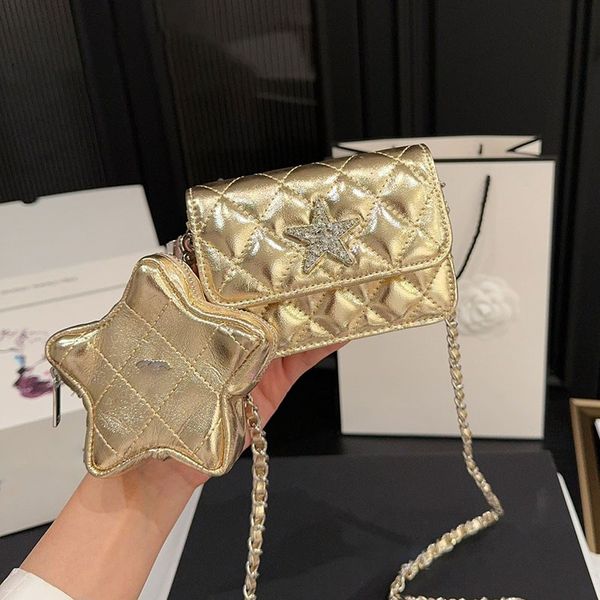 

12CM Mini Star Bag Women Designer Wallet Waist Bag Patent leather Matelasse Chain Gold Hardware Evening Clutch Cute Coin Purse Shopping Card Holder Fanny Pack, Black