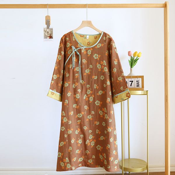 

Chinese retro style jacquard pure cotton pajama skirt women's buckle Chinese style all cotton oversized loose spring and autumn pajama home dress, Morning glory