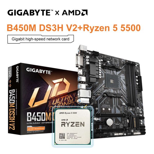 Gigabyte New Motherboard B450M DS3H V2 + AMD Ryzen 5 5500 R5 5500 CPU AMD B450 DDR4 64G M.2 SATA III slot Socket AM4 Micro ATX