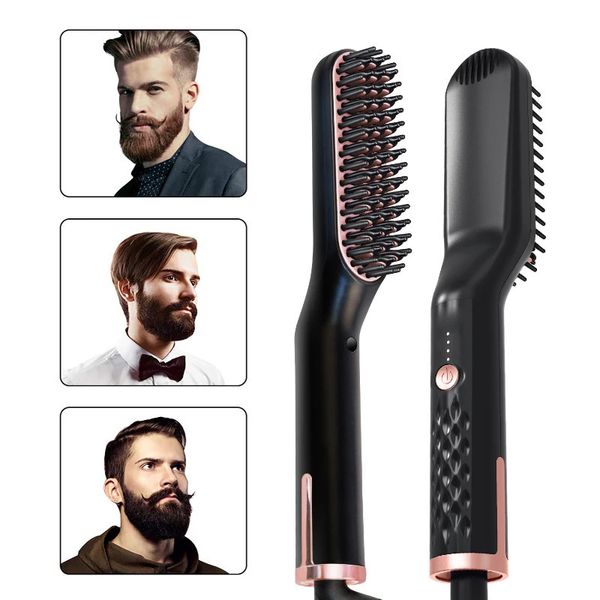 

3 In 1 Straightening Brush Heated Men Beard Multifunctional Straightener Ceramic Heat Comb Quick Hair Styler 240306, Black