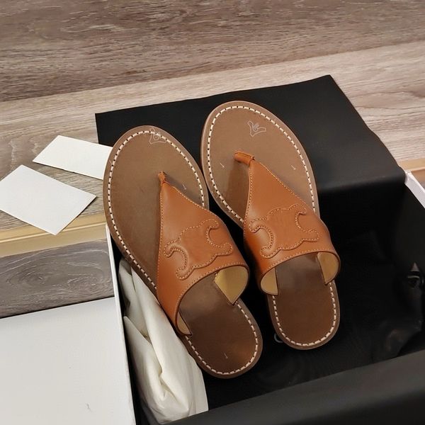 

Top quality Brown flip flops flat sandals Leather Colorblock Pattern T-Strap flats slip on shoes Real leather sole luxury designers Slides factory footwear16, Black