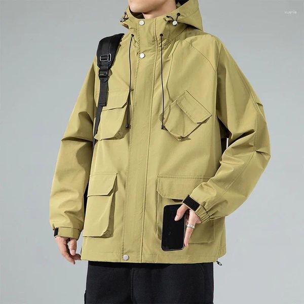 

Mens Jackets Spring Autumn Loose Hooded Multi-Pocket Fashion Casual Streetwear Outerwear Coats Men Outdoor Windproof Jacket, Beige