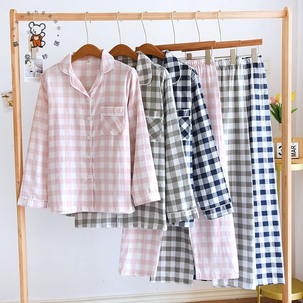 

Summer cotton yarn Japanese plaid couple pajama set, women's spring and autumn pure cotton men's long sleeved home clothing two-piece set, Blue gauze 50 grid men's long suit