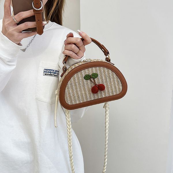 

HBP Summer Straw Bag Cute Little Cherry Shoulder Crossbody Ethnic Wind Half Round Saddle Beach Holiday Woman Bags, Black