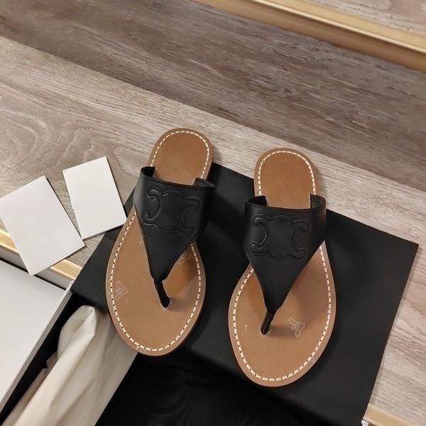 

Top quality flip flops flat sandals Leather Colorblock Pattern T-Strap flats slip on shoes Real leather sole luxury designers Slides factory footwear16, Black
