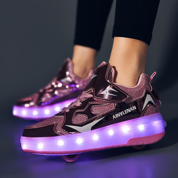 

PONERAIT Glowing Two wheels USB Charging Roller Skate Shoe Fashion Children Sneaker boys Parkour shoe, White