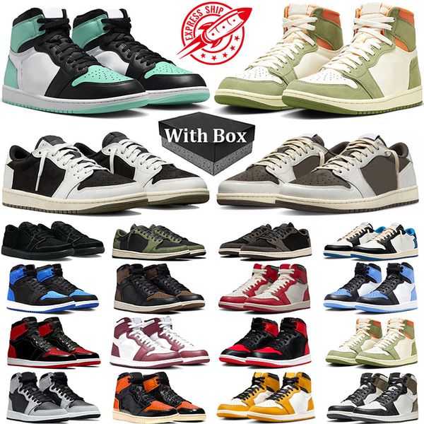 

With box Jumpman 1 Basketball Shoes Men Women 1s Green Glow Team Red Royal Reimagined Low Black Phantom Olive Reverse Mocha Lost Found Mens Trainer Sneakers, #20