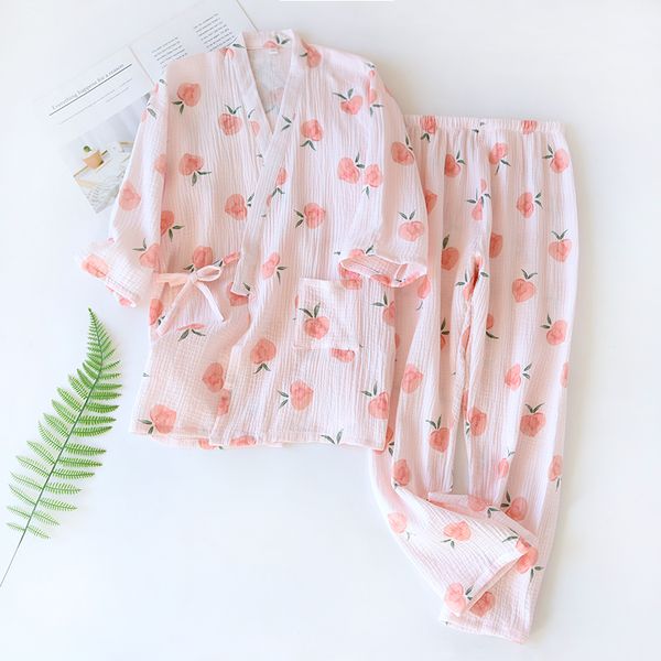 

pajamas Japanese all cotton gauze in spring and autumn, pure cotton washed crepe fabric, long sleeved home clothing set, cardigan, thin style, Pink crepe peach kimono set