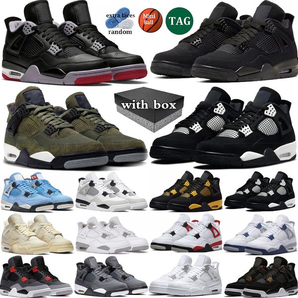 

With box 4 Basketball Shoes Men Bred Reimagined White Thunder 4s Black Cat Military Black Olive bred University Blue Midnight Navy Mens Trainers Sport Sneakers, Color 30