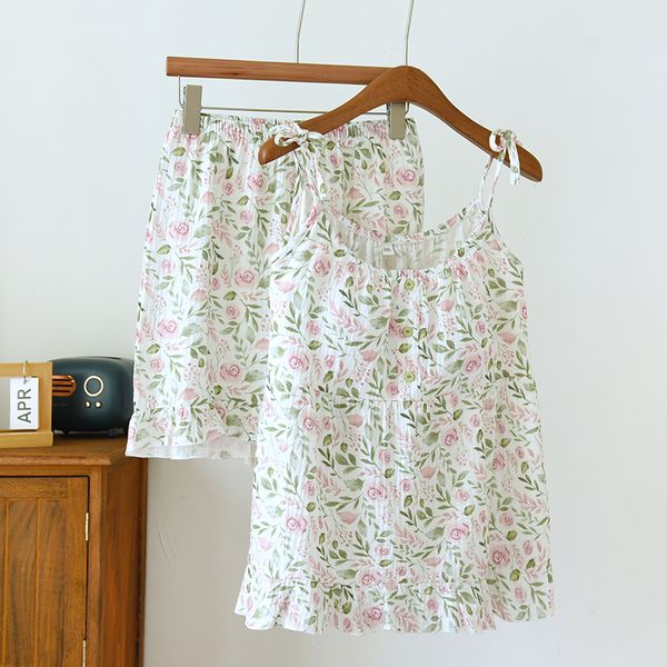 

Women's suspender pajamas with chest pads, summer pure cotton thin home clothing two-piece set, 2023 new popular young style, White background pastoral flower