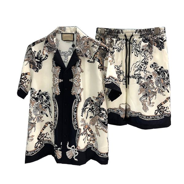 

Summer American Outdoor Hawaii Beach Shirts Button Cotton Short Mesh Tracksuit Thin Two pieces Man Shorts Sets Drawstring Outfit Designer, Gray