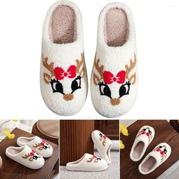 

Fluffy 89 Shoes Reindeer Fur Walking Slippers Cozy Plush Closed Toe Cartoon Slip-on House with Red Bow for Winter Indoor 697, Picture shown