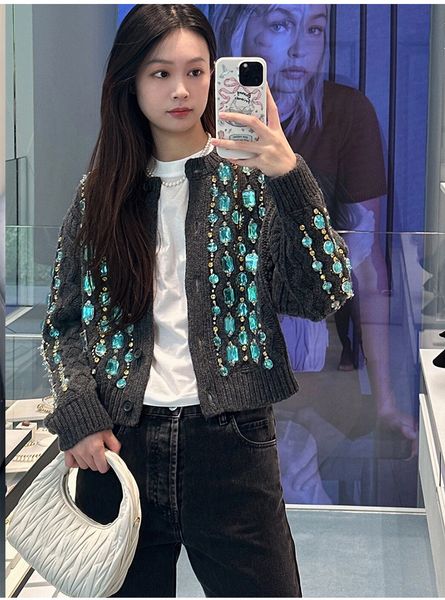 

rhinestone women lady knitting cardigan sweater jacket short designer high-end factory wholesale price MM2931, Dark grey
