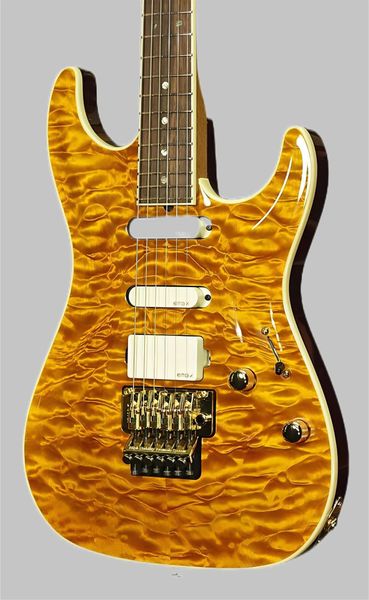 

Pensa Mark Knopfler MK-I Amber Quilted Maple Top Electric Guitar White Pickups, Floyd Rose Tremolo bridge & locking nut, Gold Hardware
