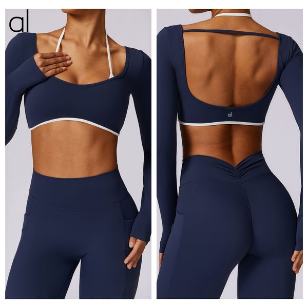 

AL-107 Yoga New Summer Designer Shockproof and Anti-sagging Activity Long Sleeve Shirts Sets Yoga Fitness Running Vest Sports Suits AL S-XL, Navy set