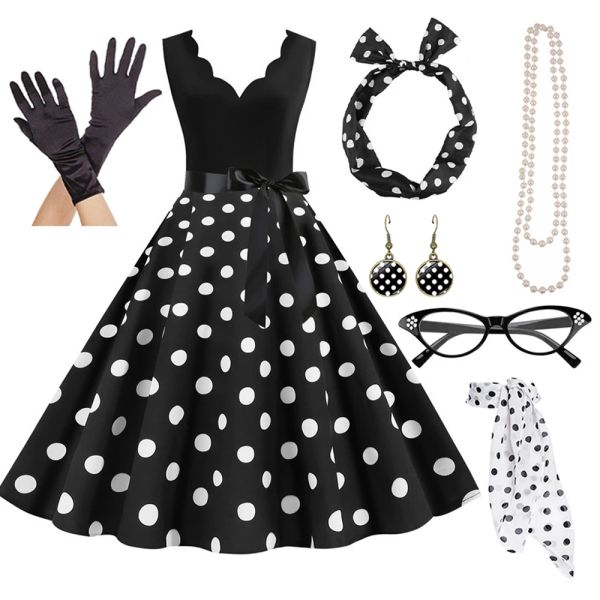 

Women's A-Line Rockabilly Dress Polka Dots Swing Dress Flare Dress with Accessories Set 1950s 60s Retro Vintage, White