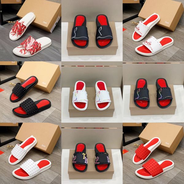 

MEN Designer Slippers Red Bottoms Sandals Classic Mules Summer Spike Flat Spikes Slide Sandal Outdoor Fashion Wedges Shoes Thick Sole Slipper Studs Slides, Khaki