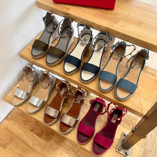 2024 New Arrival Women Fashion Rivet Espadrilles Wedge High Heels Genuine Leather Brand Designer Shoes Woman Heels Buckle Slingbacks High Quality Sandals Party