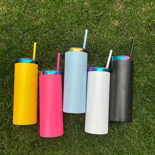 

Laser engraving 20oz rainbow plated skinny tumbler multiple colors powder coated vacuum insulated stainless steel coffee cups with colored straw, Multi