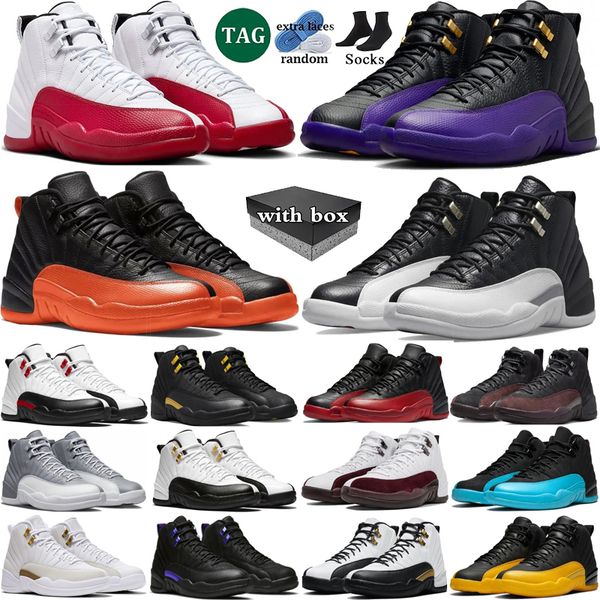 

With box 12 Cherry Basketball Shoes Men 12s Red Taxi Brilliant Orange Playoffs Gamma Blue Stealth White Utility Mens Trainers Sport Outdoor Sneakers, Color 6