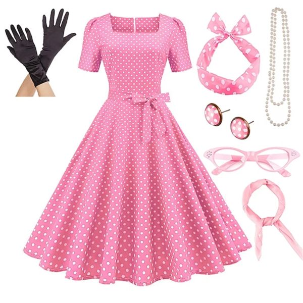 

Women' Rockabilly Dress Polka Dots Swing Flare Dress with Accessories Set, Blue