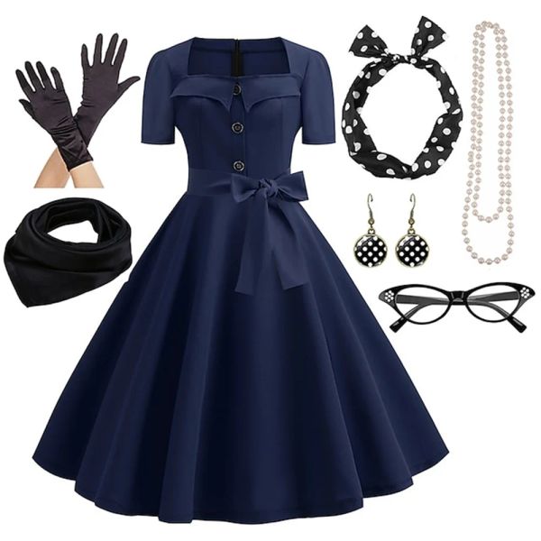 

Women's A-Line Flare Dress with Accessories 1950s 60s Retro with Headband Chiffon Scarf Earrings Cat Eye Glasses Sunglasses, Contrast color